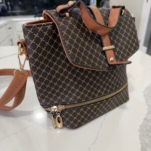 Brown Black Geometric Gold Hardware Zipper Accent Shoulder Bag Adjustable Strap